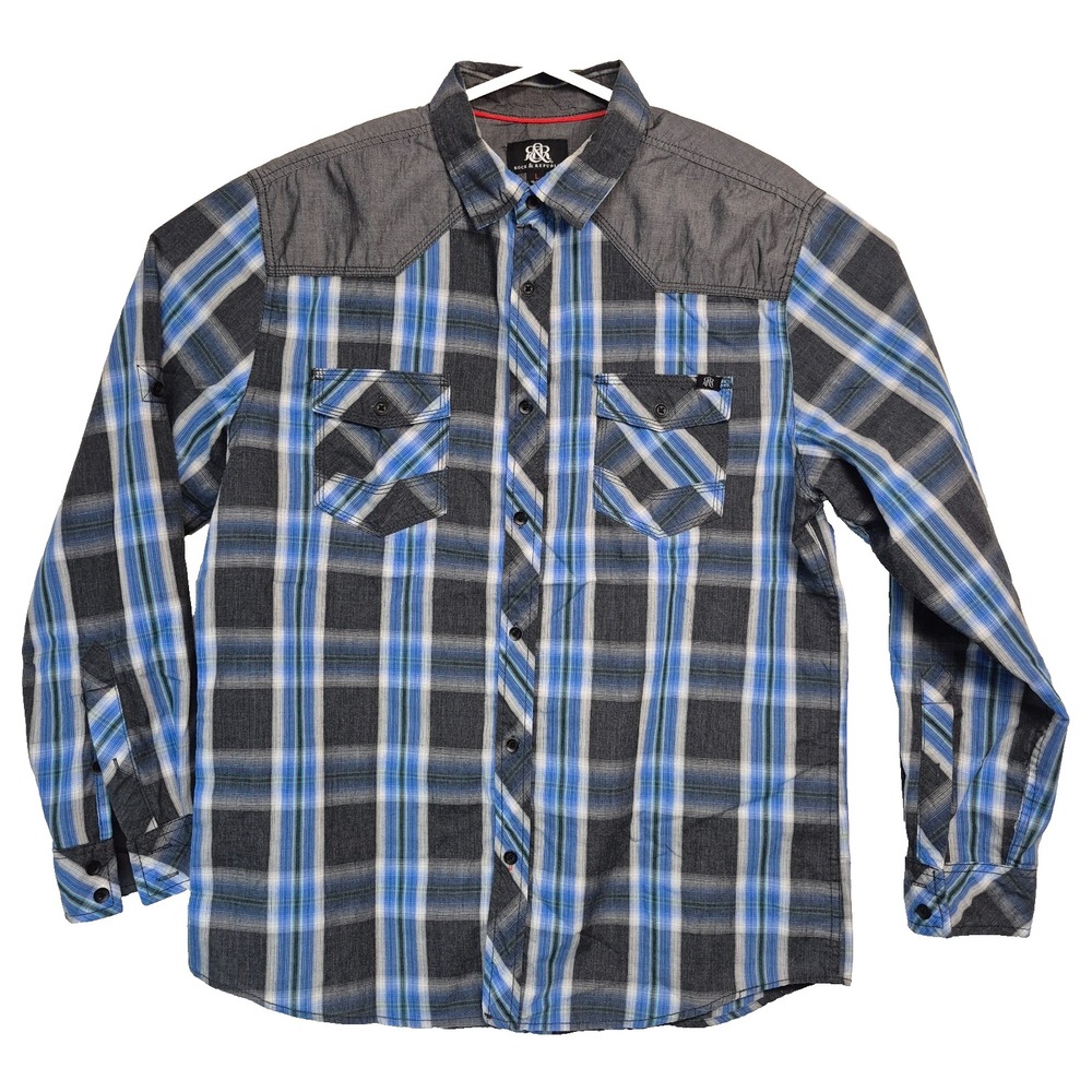 Rock & Republic‎ Mens City Western Blue Gray Plaid Button Up Long Sleeve Size L